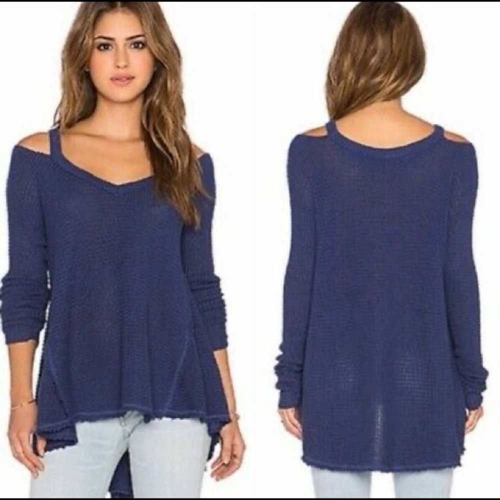 Free People Moonshine Navy Cold Shoulder Knit Sweater